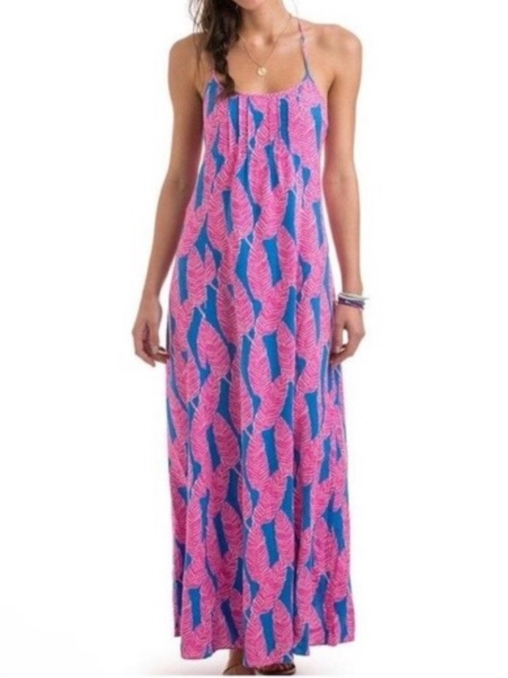 Vineyard Vines Linen Blend Pink & Blue Palm Print Maxi Dress